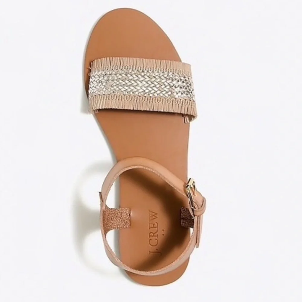 J Crew Factory Raffia Silver and Tan Woven Straw Fringe Sandals | Size 9 - Picture 2 of 13